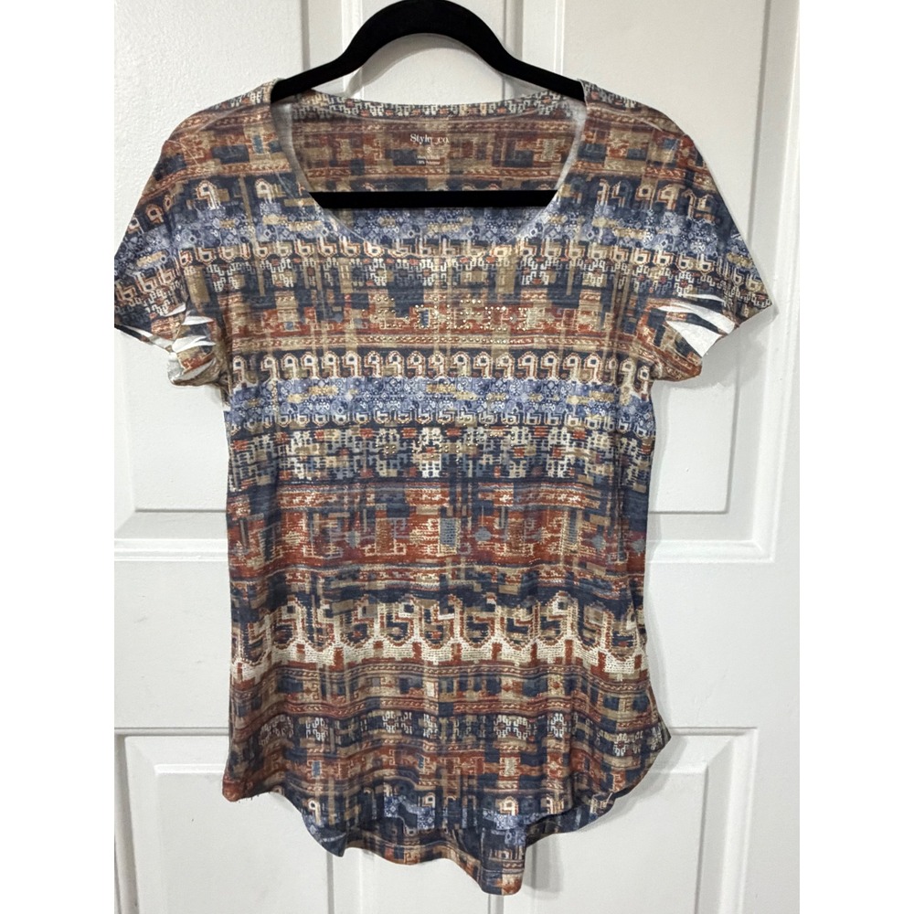 Style & Co | Geometric Tribal Print Rhinestone Top | S || Multicolor|